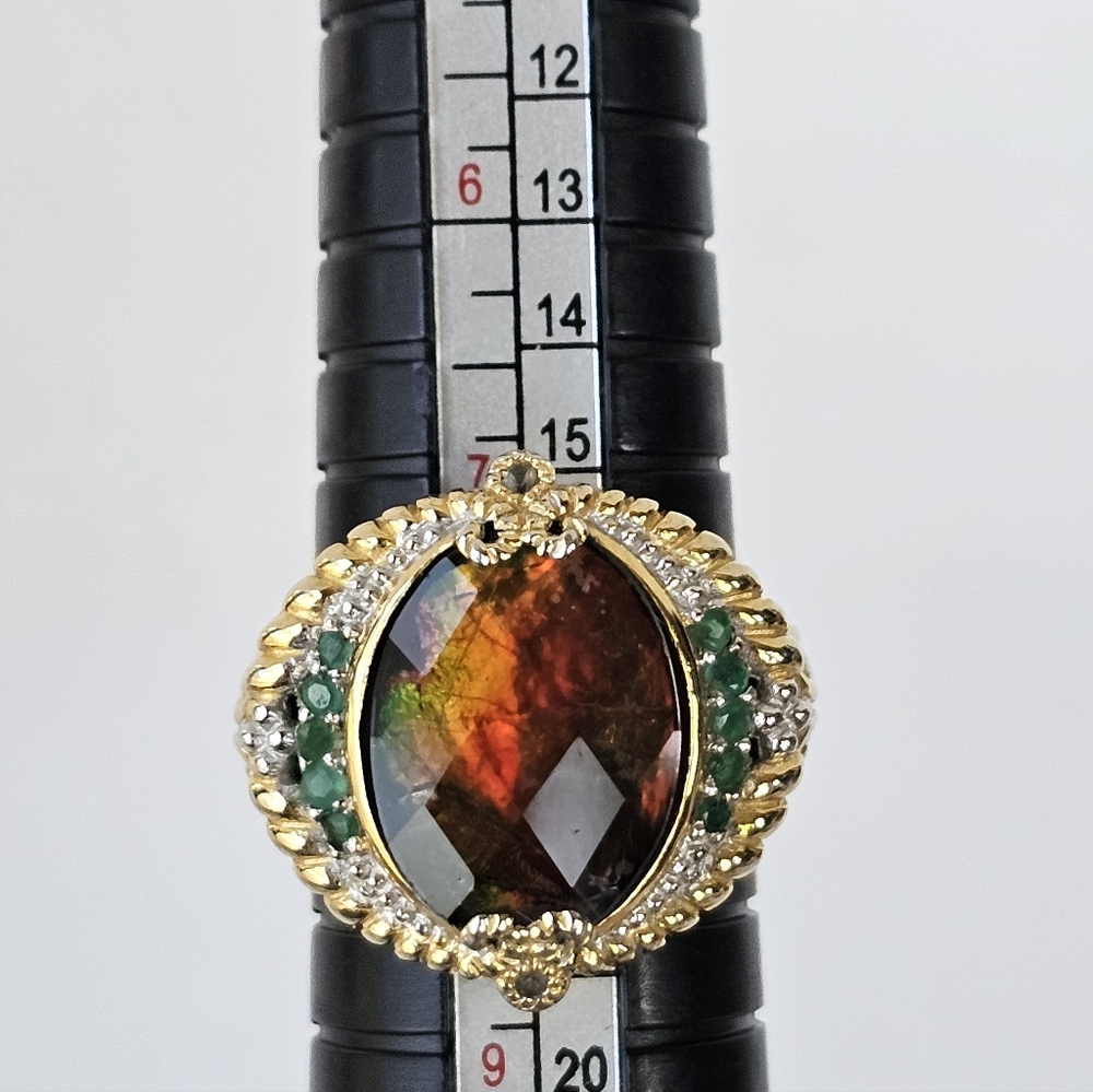 Gems En Vogue Ammolite & Emerald Ring Palladium Sterling Silver 18k Size 8! - Picture 9 of 11